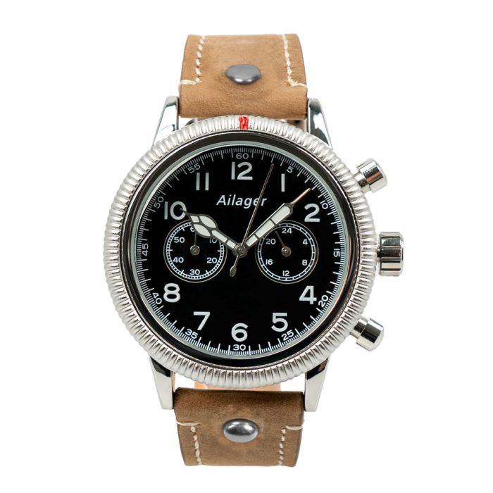 Front face view of Ailager WW2 German Luftwaffe pilot chronograph watch with brown leather strap