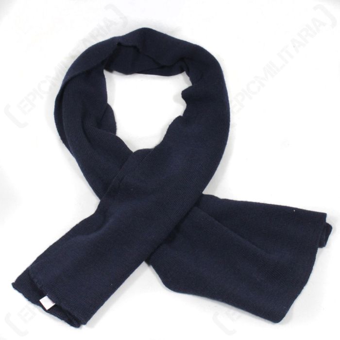 German military issue dark blue knitted wool scarf laid flat