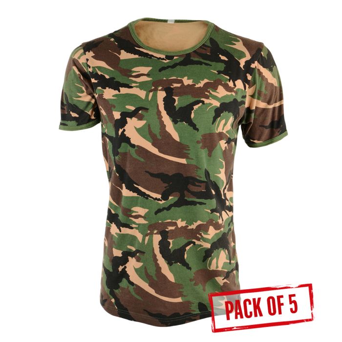 Front view of Dutch Army woodland camo t-shirt pack of 5