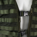 Close-up of three quick-release plastic buckles and central zipper closure on Dutch Army load-bearing vest
