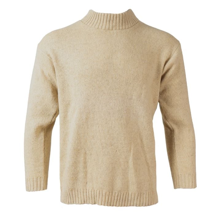 Original Soviet pilot camel wool jumper in beige front view showing high mock neck and ribbed hem