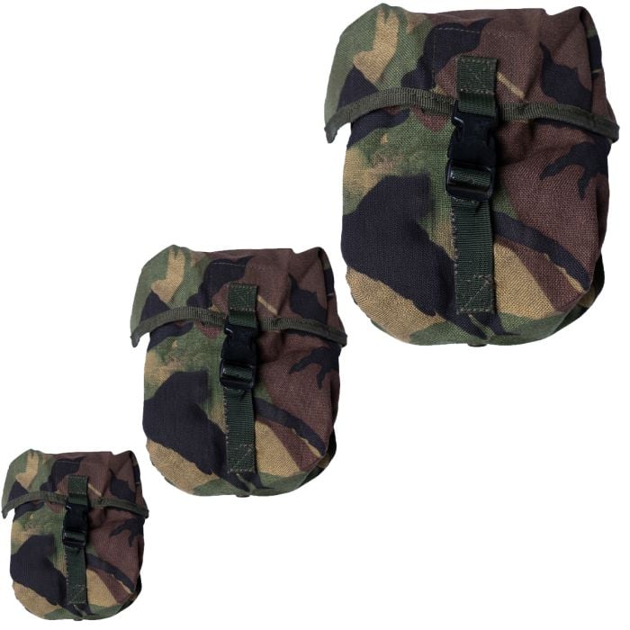 Original Dutch Army DPM MOLLE utility pouches in small, medium, and large sizes shown side-by-side.