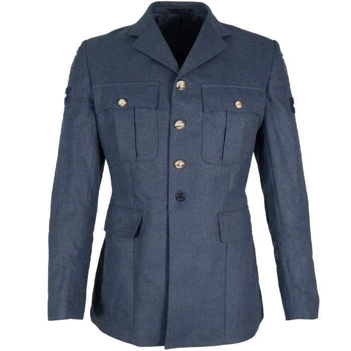 Front view of original British RAF No1 dress jacket in blue grey with Staybrite buttons