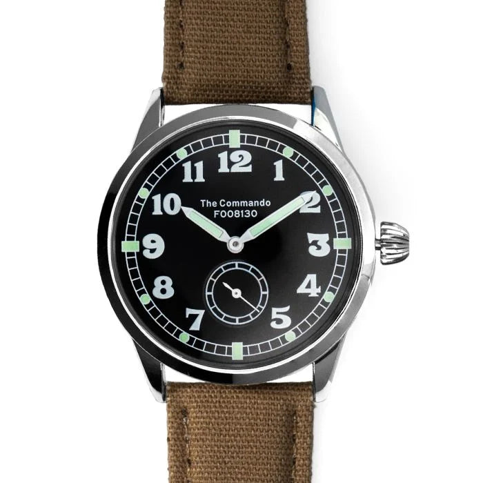 Front dial view of the Ailager The Commando British Army Watch with brown canvas strap