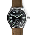 Front dial view of the Ailager The Commando British Army Watch with brown canvas strap