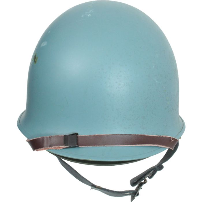 Front profile of United Nations M1 steel helmet with leather visor strap