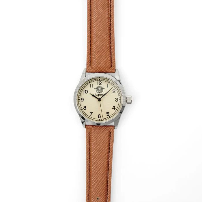 Full flat top-down view of the RAF pilot watch with brown strap
