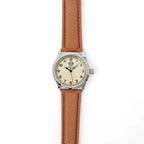 Full flat top-down view of the RAF pilot watch with brown strap