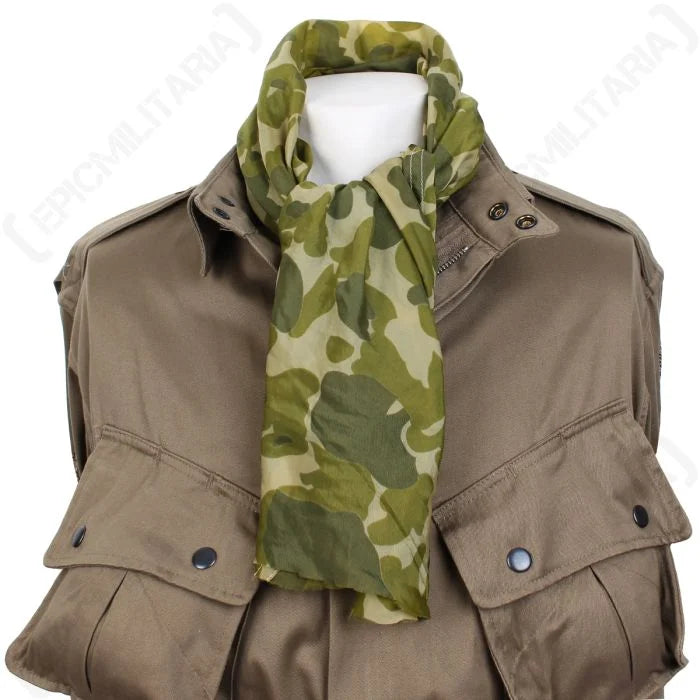 US WW2 camouflage jump scarf tied around mannequin neck over M42 jump jacket