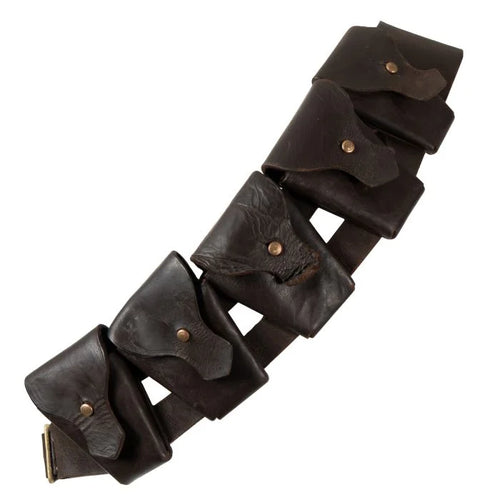 Front view of the WW2 original British Pattern 1903 5-pocket leather ammunition bandolier in dark brown