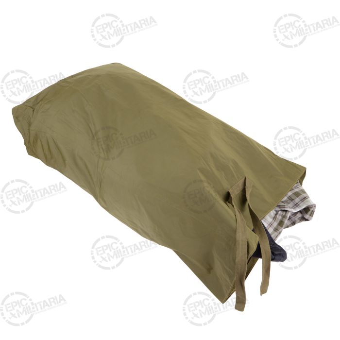 Belgian Army olive drab nylon duffel bag packed with laundry and clothing