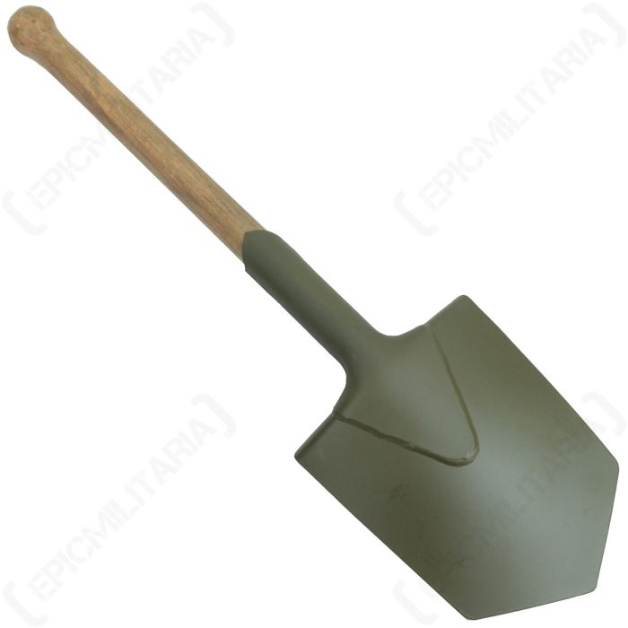 Rear view of CS 412 Czech military shovel showing riveted socket and pointed blade