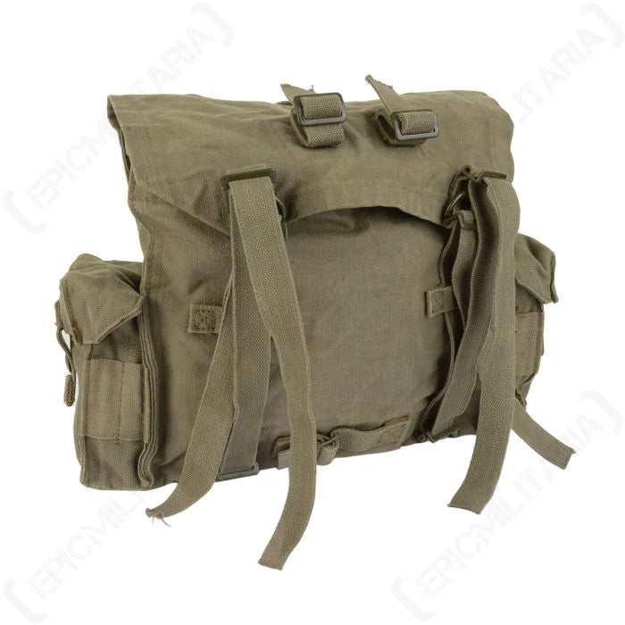 Front view of South African Army 70 Pattern Medium Pack in olive green heavy canvas with webbing closure straps