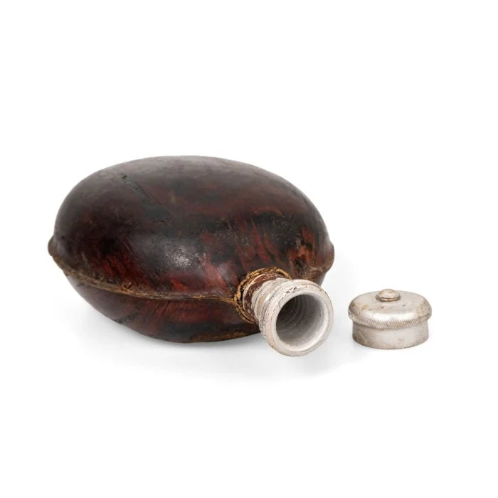 Top view of WW2 Bulgarian coconut canteen with aluminium screw cap unscrewed showing neck thread
