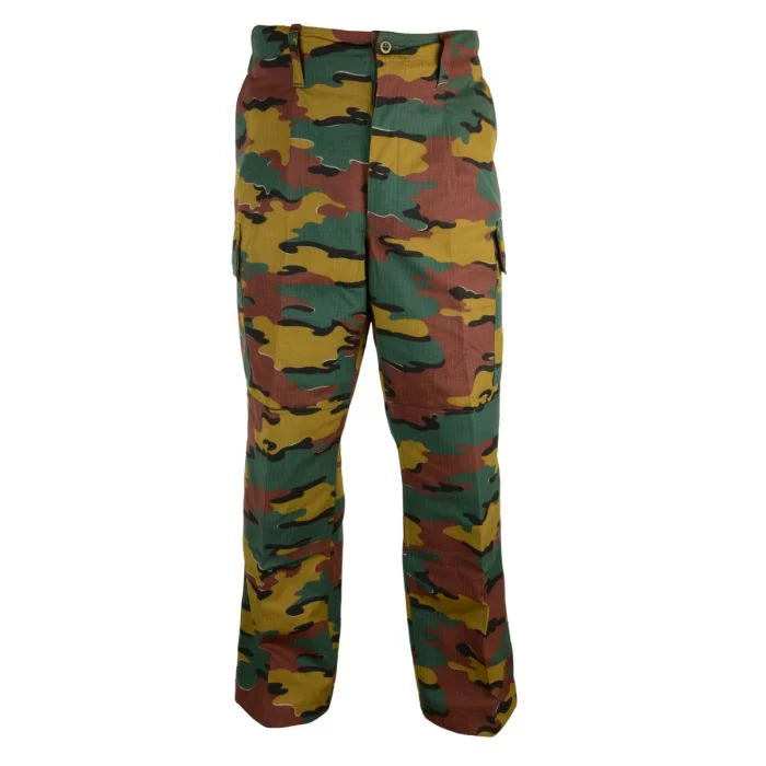 Genuine Belgian Army M90 Jigsaw camo ripstop combat trousers in Supergrade condition, featuring a classic six-pocket tactical design.