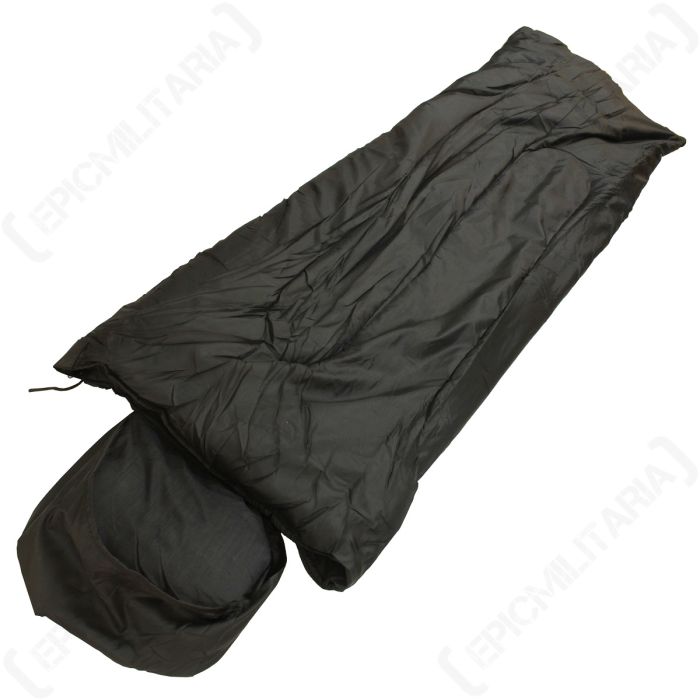 Black Mil-Tec Pilot sleeping bag with integrated head case, showing a full-length zipper design for use as a flat blanket.