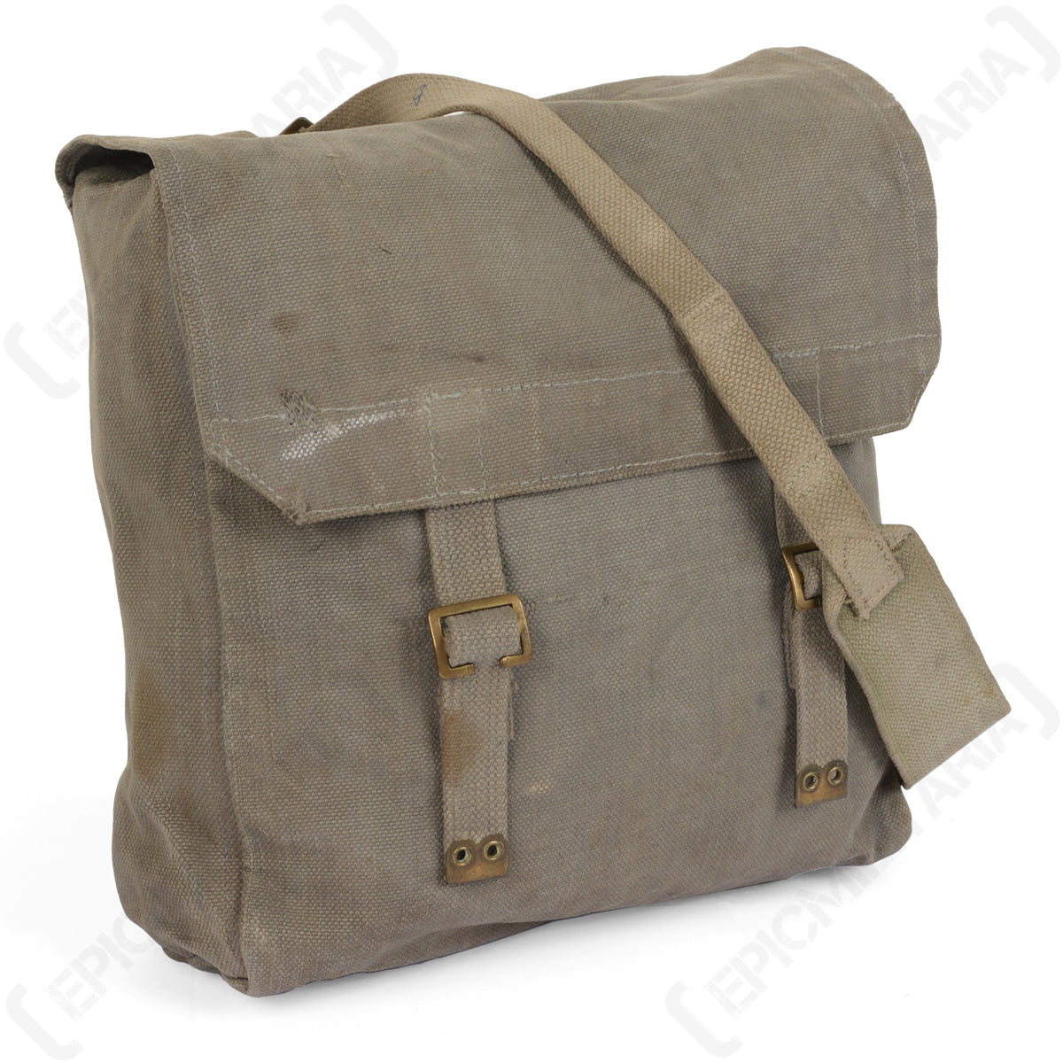 Used British 1950s 37 Pattern Large Pack in RAF grey canvas with solid brass buckles and shoulder strap.