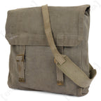 Angled view of a genuine 1950s RAF 37 Pattern Large Pack, showing durable grey canvas material and metal hardware.
