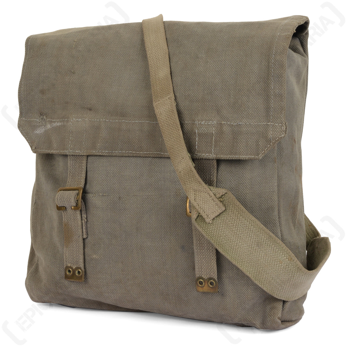 Angled view of a genuine 1950s RAF 37 Pattern Large Pack, showing durable grey canvas material and metal hardware.