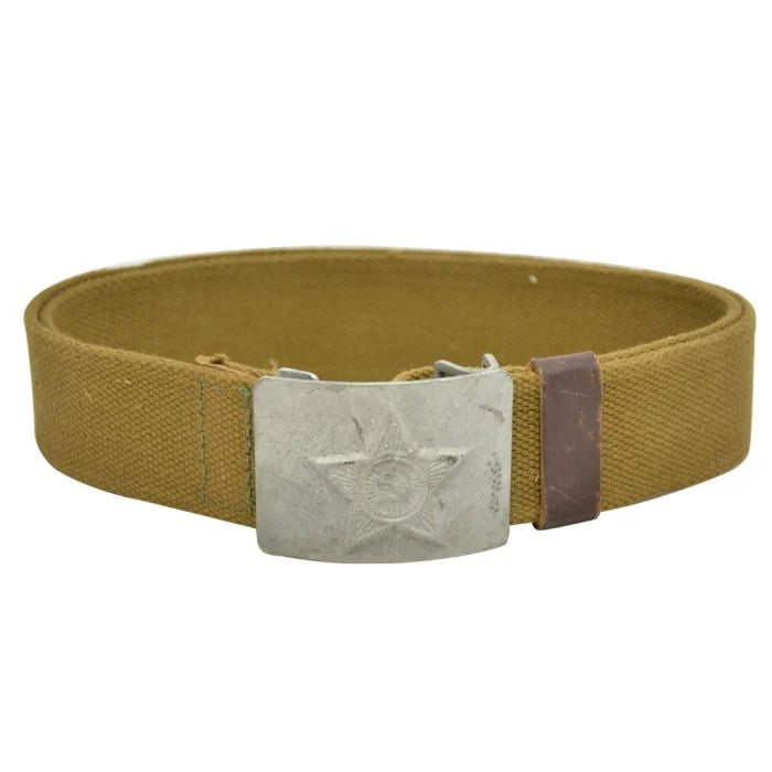 Russian Red Army Webbing Belt rolled up showing stamped Soviet star hammer and sickle metal buckle and keeper