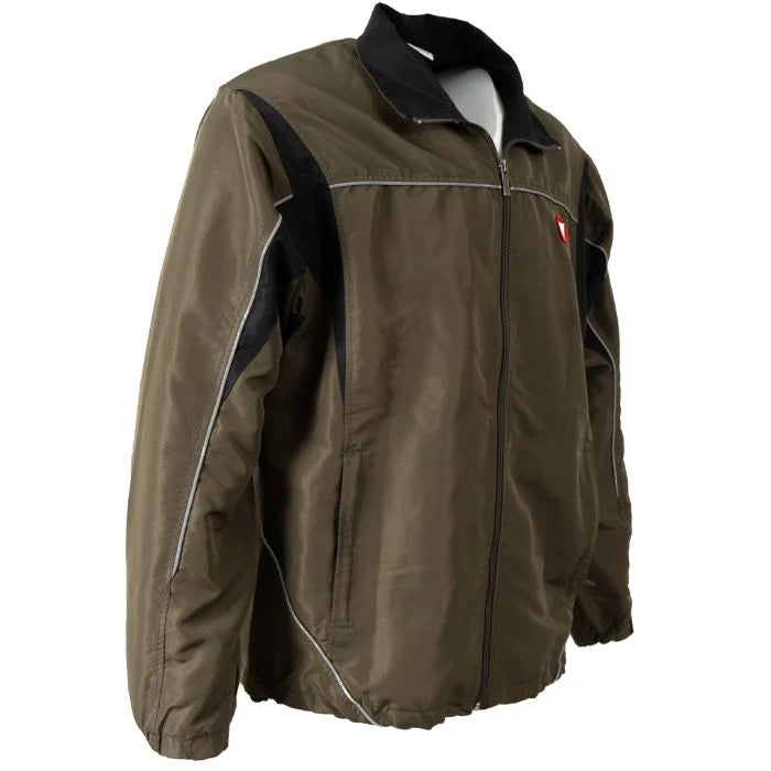 Side-angle view of the Austrian Army sports jacket showing the black panels on the shoulder and reflective seam piping.