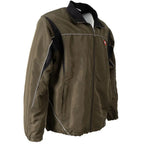 Side-angle view of the Austrian Army sports jacket showing the black panels on the shoulder and reflective seam piping.