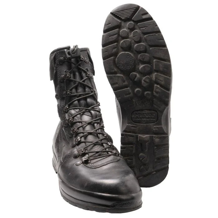 German Military Meindl Pilot Boots in Grade 1 surplus condition showing front speed-lacing and Multigrip sole