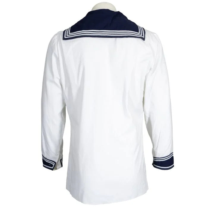 Back view of the German Navy sailor shirt showing the large blue sailor collar flap with three white stripes