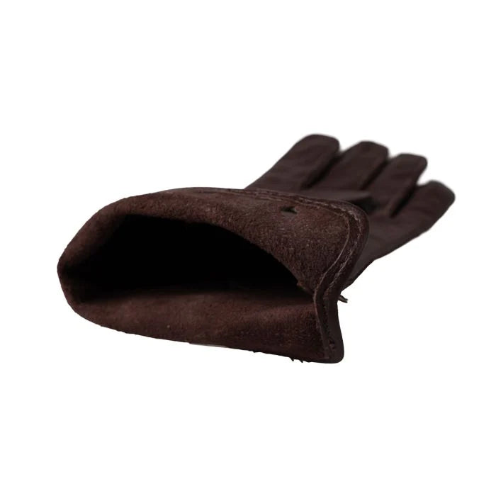 Close up showing the unlined interior and raw suede texture of the Dutch military leather gloves