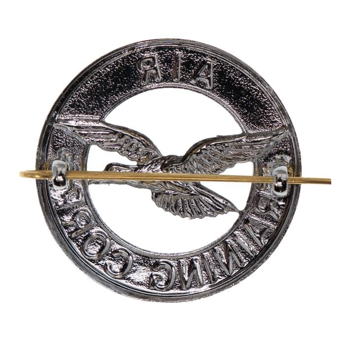 Reverse side of the ATC cap badge showing the copper dual shank loops and brass split pin