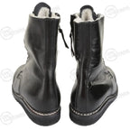 Rear view of black leather German winter pilots boots displaying heel construction and welt stitching
