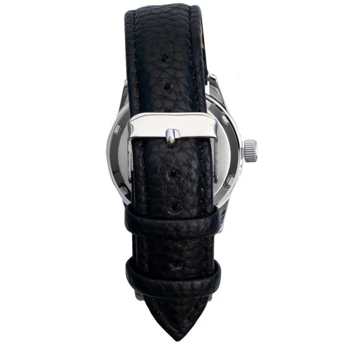 Rear close-up of the black pebbled wrist strap with silver-toned buckle and retention loops