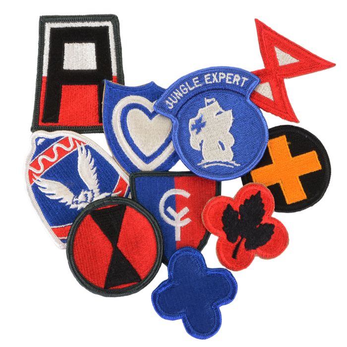 Type 2 set of 10 original post WW2 US Army shoulder patches including Jungle Expert and KMAG