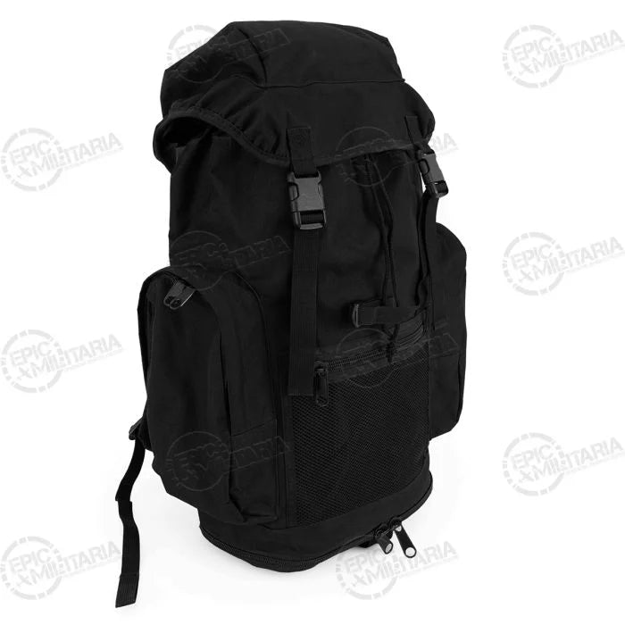 Three-quarter view of British Army Black 30L Patrol Pack on white background