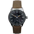 Front view of the Ailager WW2 British Army Dirty Dozen watch with black dial and green canvas strap