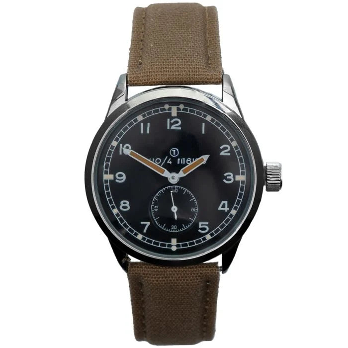 Front view of the Ailager WW2 British Army Dirty Dozen watch with black dial and green canvas strap