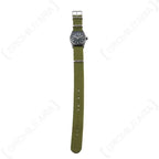 Full length front view of the 25cm olive green watch strap and metal buckle