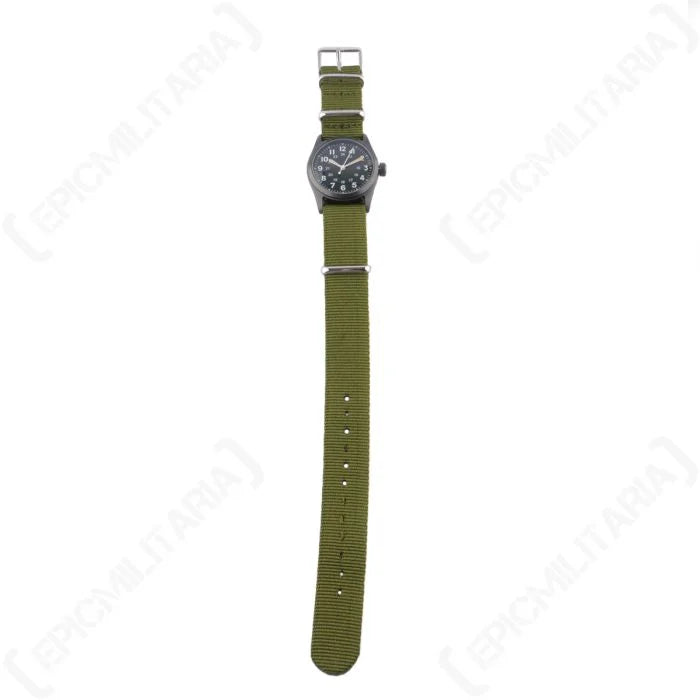 Full length front view of the 25cm olive green watch strap and metal buckle
