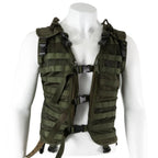 Front view of the original Dutch Army MOLLE vest in olive green on a white mannequin