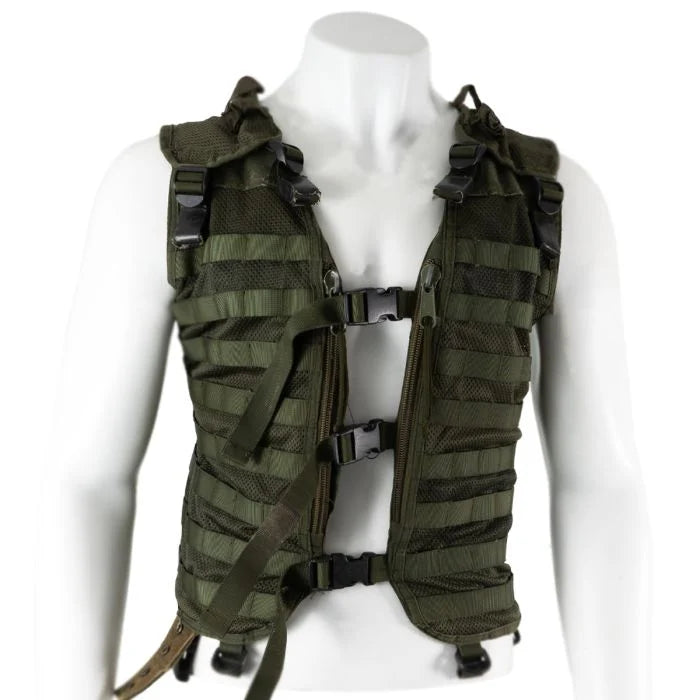 Front view of the original Dutch Army MOLLE vest in olive green on a white mannequin