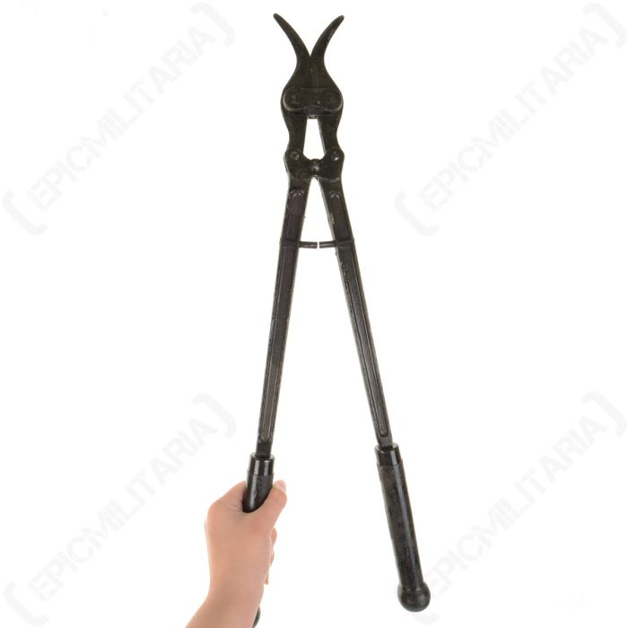Swedish Army heavy duty wire cutters held to demonstrate size and handle length