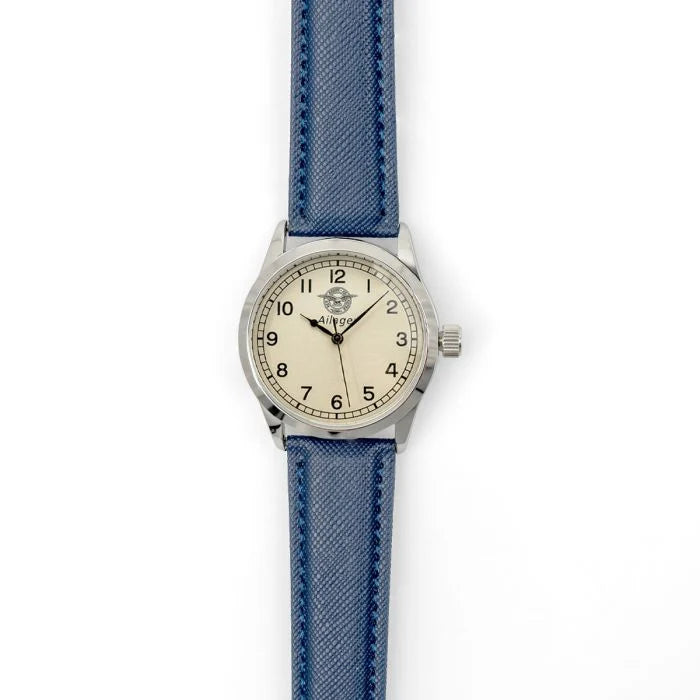 Full flat lay view of the British RAF 6B/159 pilot watch laid out vertically