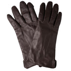 Flat view of a pair of Grade 1 Dutch Army unlined leather gloves in dark brown slip-on design