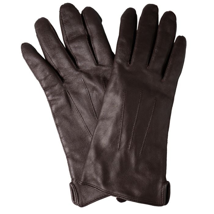 Flat view of a pair of Grade 1 Dutch Army unlined leather gloves in dark brown slip-on design