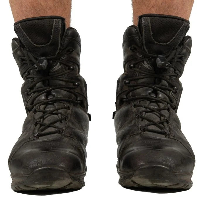 Front view of German Meindl combat boots worn on feet