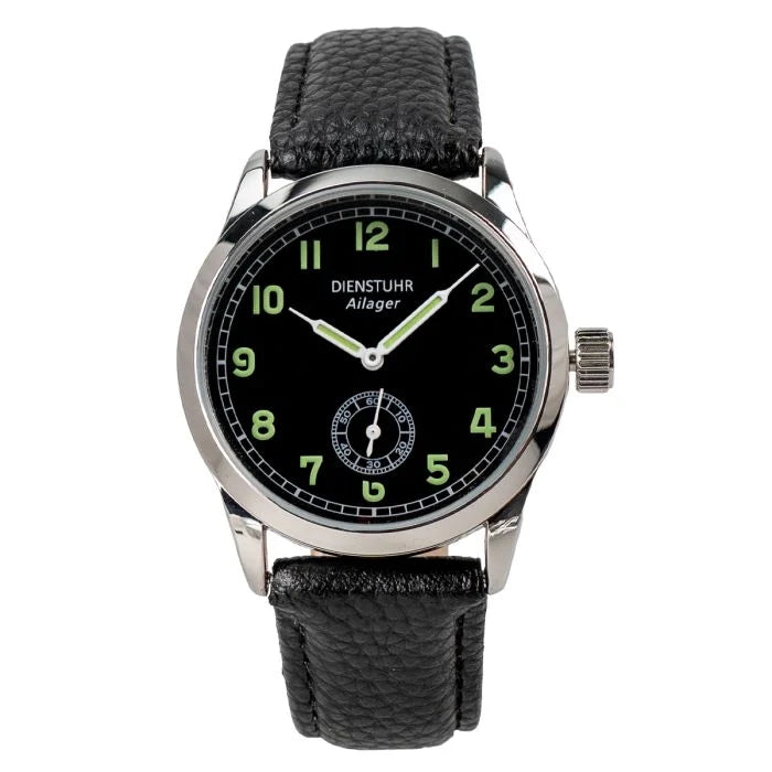 Front view of the WW2 German Army Dienstuhr service watch with black dial and luminous numerals