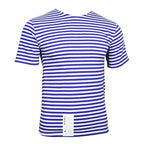 Front view of Russian Telnyashka short sleeve striped t-shirt with manufacturer tag