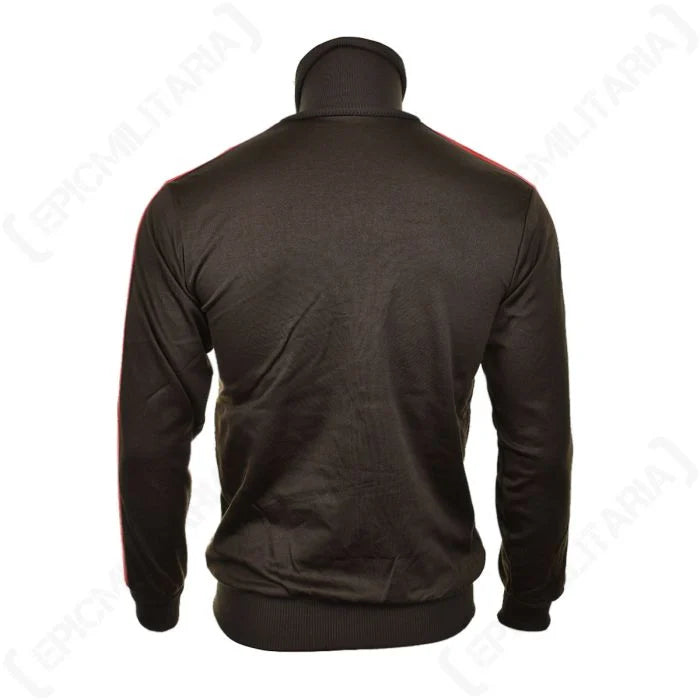 Rear view of the East German ASV training jacket showing the ribbed high collar and sleeve stripe detail