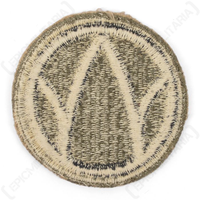 Reverse side of original US 89th Infantry Division patch showing authentic khaki bobbin thread backing