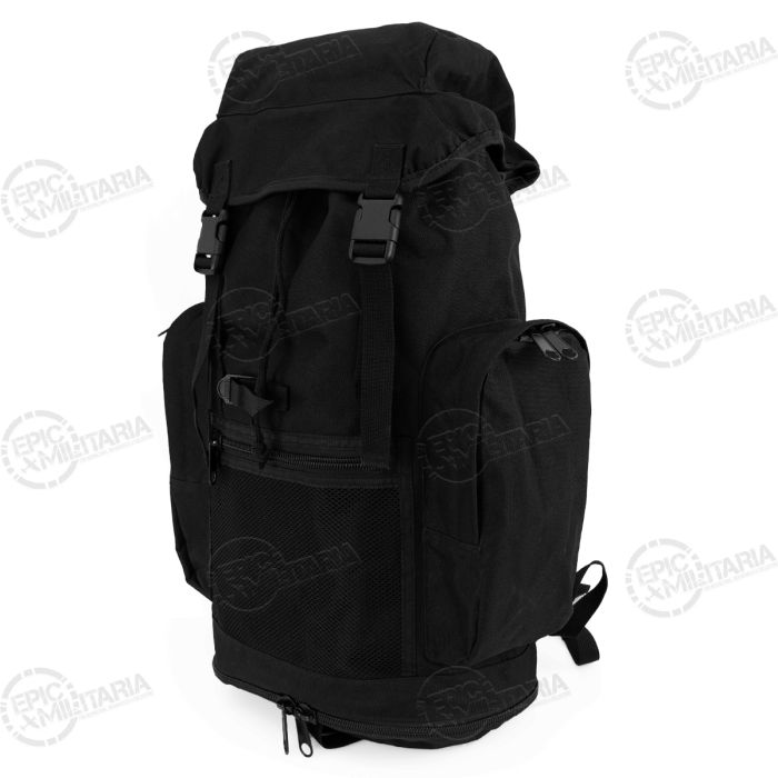 Angled side profile of British Army Black Day Sack showing expandable base zipper